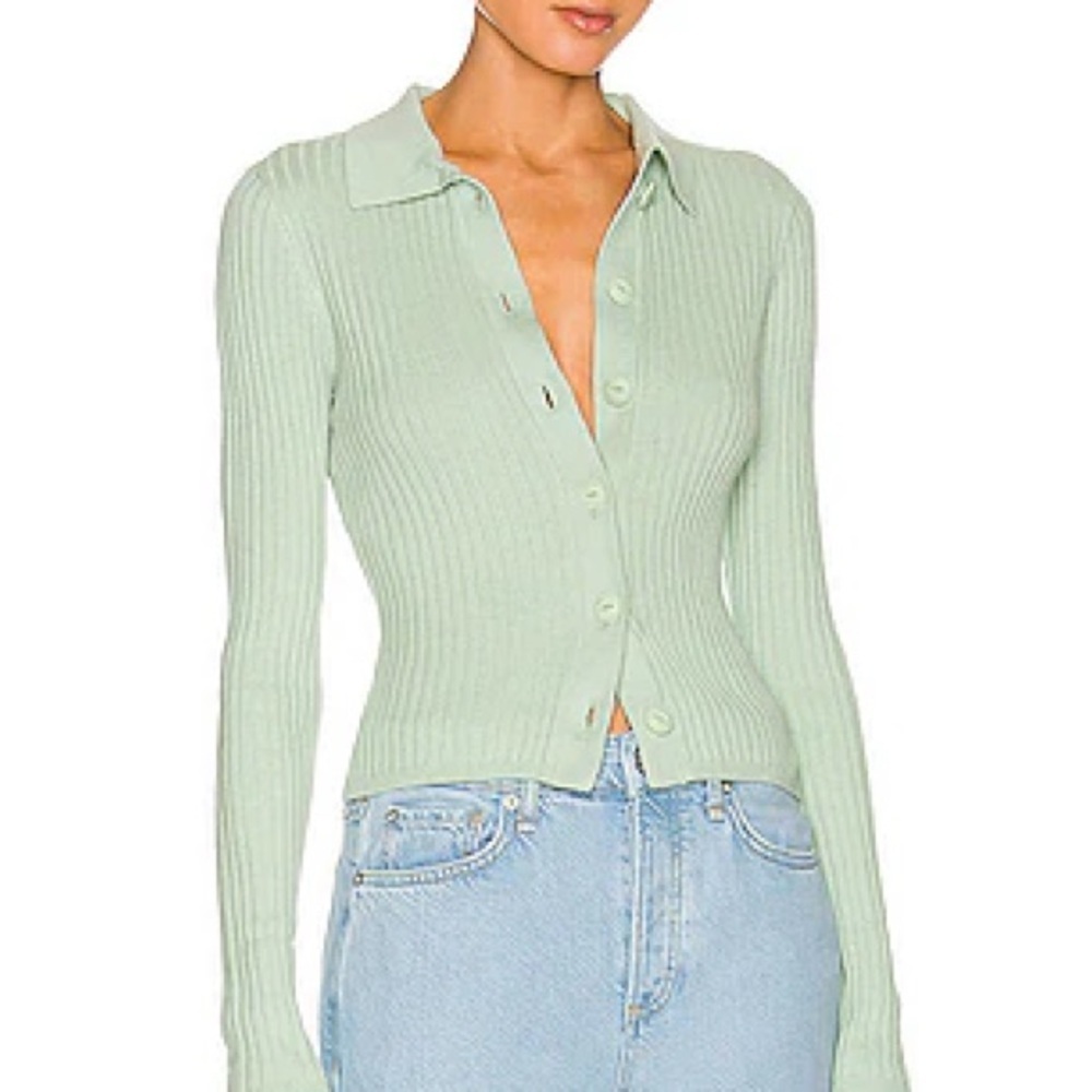 Rag & Bone Cashmere Navaya Polo Cardigan Size Large Ribbed Mint Green